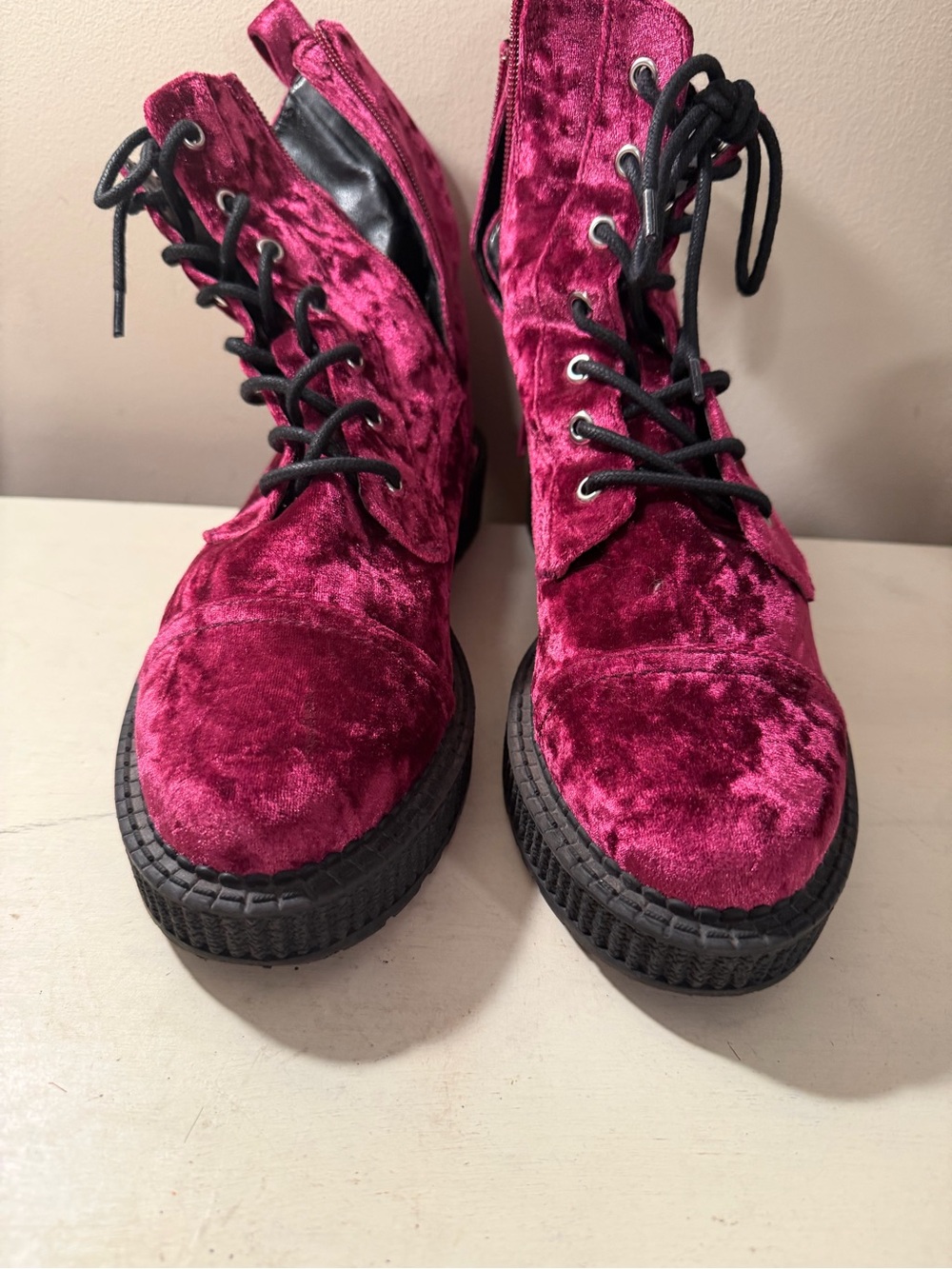 Katy Perry Collections Velvet Lace-Up Platform Boots - Burgundy